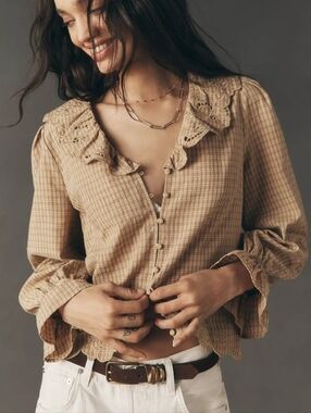 RAISONNEL Ruffled Embroidered Buttondown Top In Brown Pattern Size Small